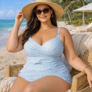 SWIM by Cacique Blue White Striped One Piece Swimsuit Tiered Ruched Size 24W